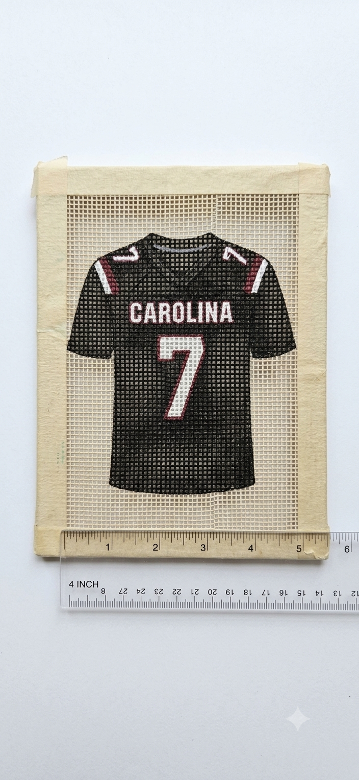 Gamecocks personalized football jersey needlepoint canvas in garnet and black, CAROLINA design