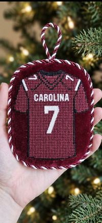 Gamecocks jersey needlepoint canvas detail showing personalized number and hand-painted stitching