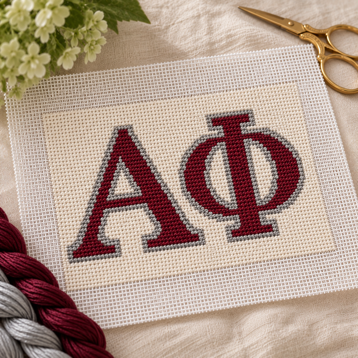 Alpha Phi needlepoint canvas featuring ΑΦ letters over cardinal red and silver gray stripes