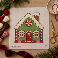 Gingerbread House needlepoint canvas close-up of hand-painted candy details