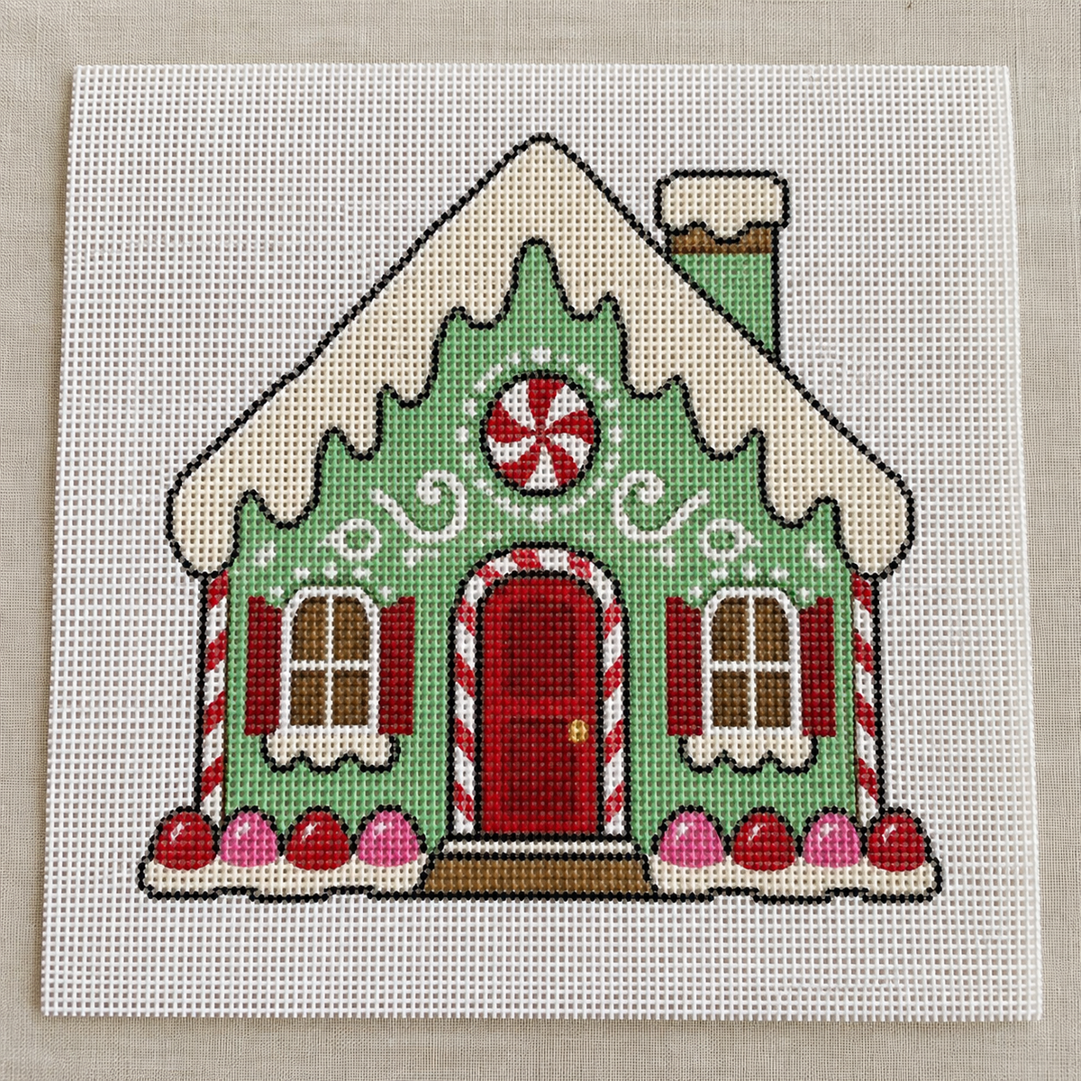 Gingerbread House needlepoint canvas with frosted roof and candy trim holiday scene