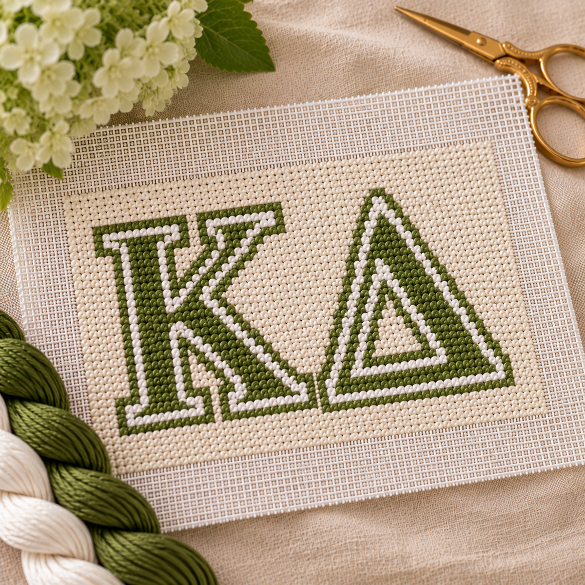 Kappa Delta needlepoint canvas featuring ΚΔ letters over olive green and pearl white stripes