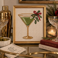 Mistletoe Martini needlepoint canvas styled on a holiday bar cart