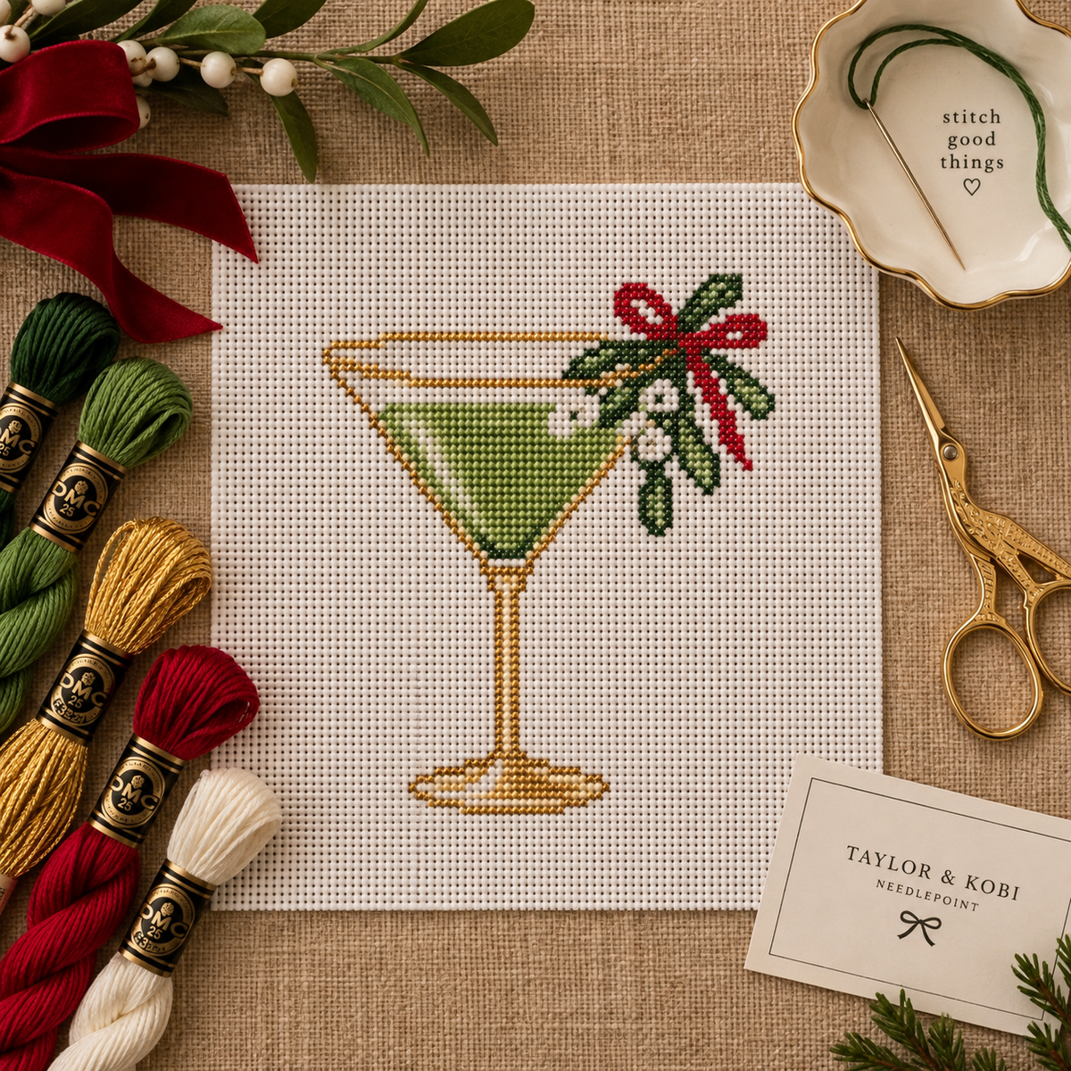 Mistletoe Martini needlepoint canvas featuring martini glass with mistletoe sprig