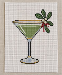 Mistletoe Martini needlepoint canvas close-up of hand-painted glass detail