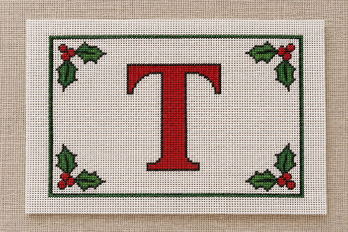 Monogram Stocking Topper needlepoint canvas with holly and berry frame