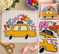 New York taxi needlepoint canvas - pillow and detail collage