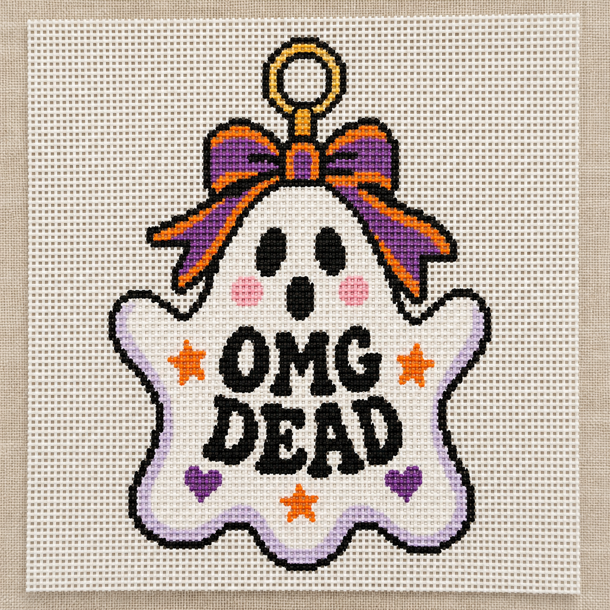OMG Dead ghost needlepoint canvas, hand-painted Halloween bag charm