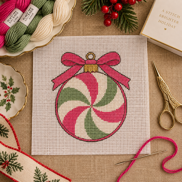 Peppermint Swirl ornament needlepoint canvas with red and white candy cane swirl design