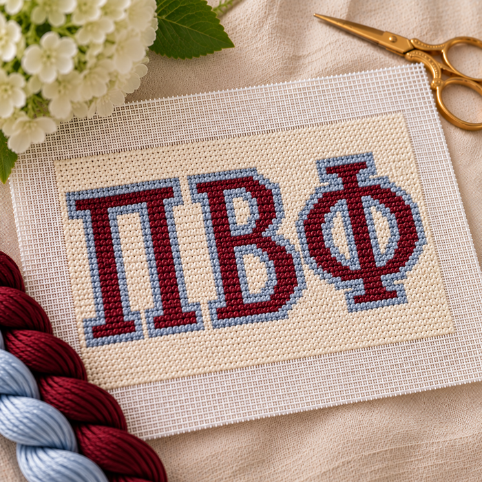 Pi Beta Phi needlepoint canvas featuring ΠΒΦ letters over wine and silver blue stripes