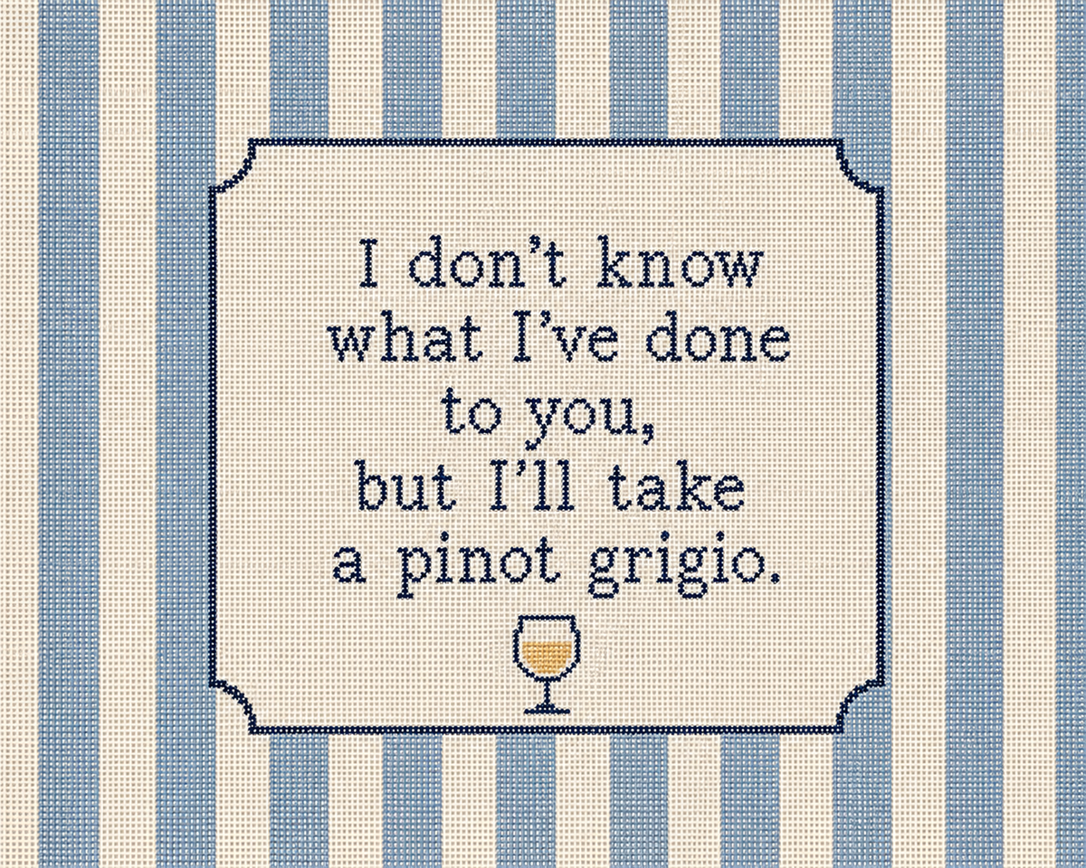 Pinot Grigio needlepoint canvas, funny wine quote on preppy stripes