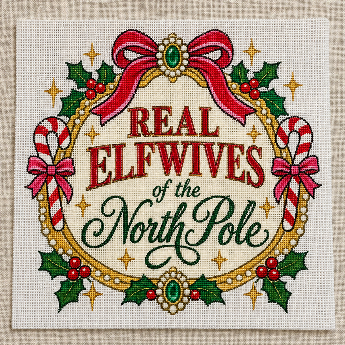 Real Elfwives of the North Pole needlepoint canvas, funny Christmas hostess gift
