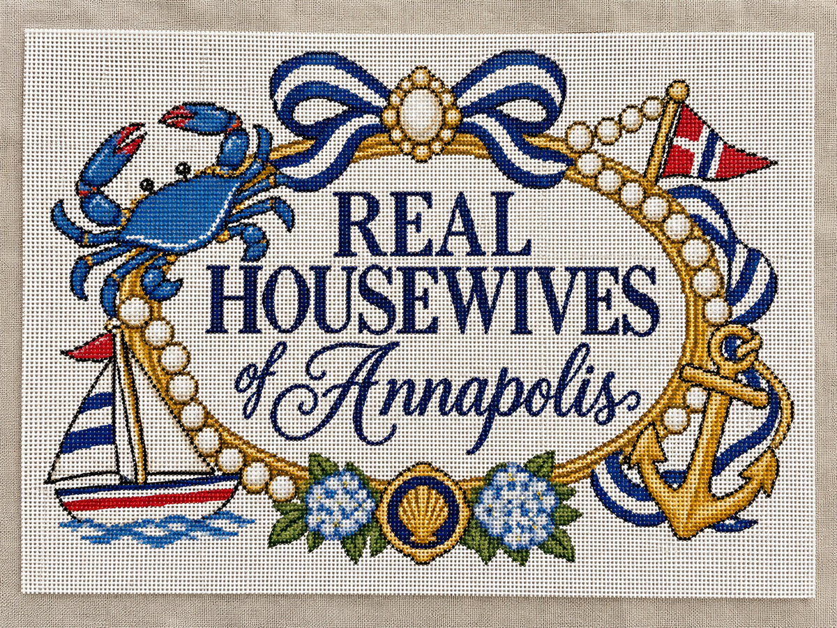 Real Housewives of Annapolis needlepoint canvas, funny Chesapeake crab hostess gift