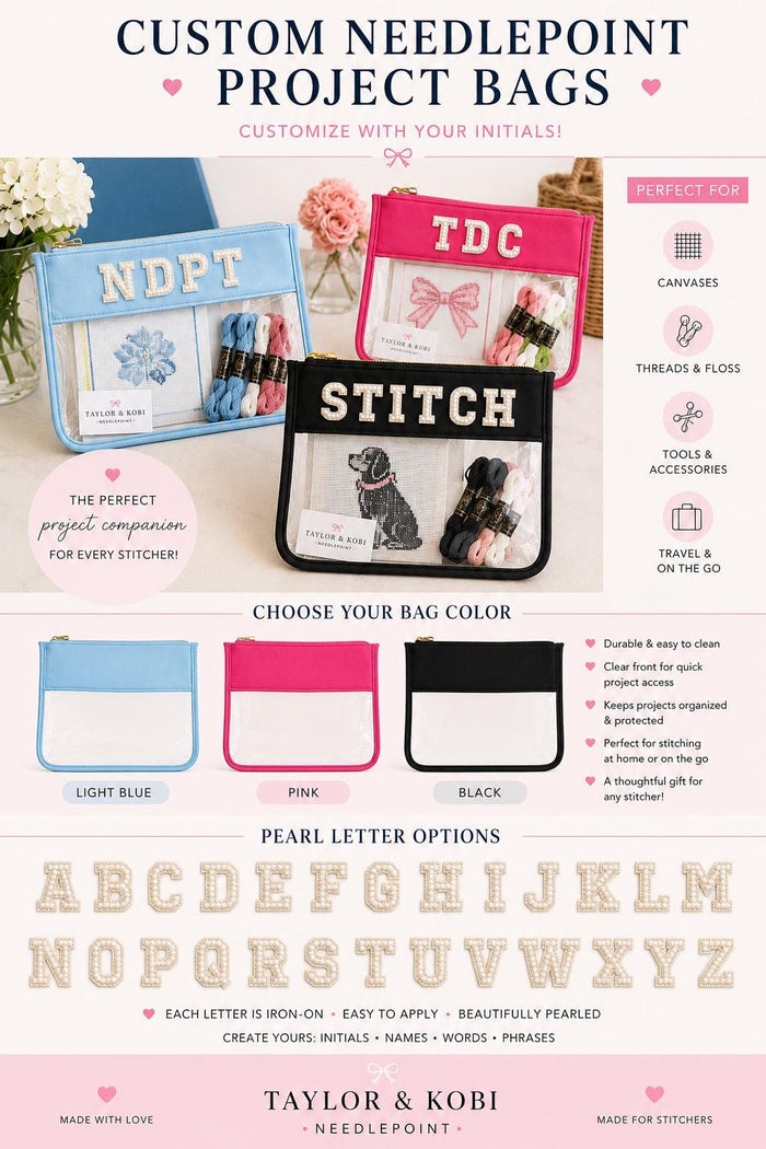 Clear needlepoint project bag with pearl initials