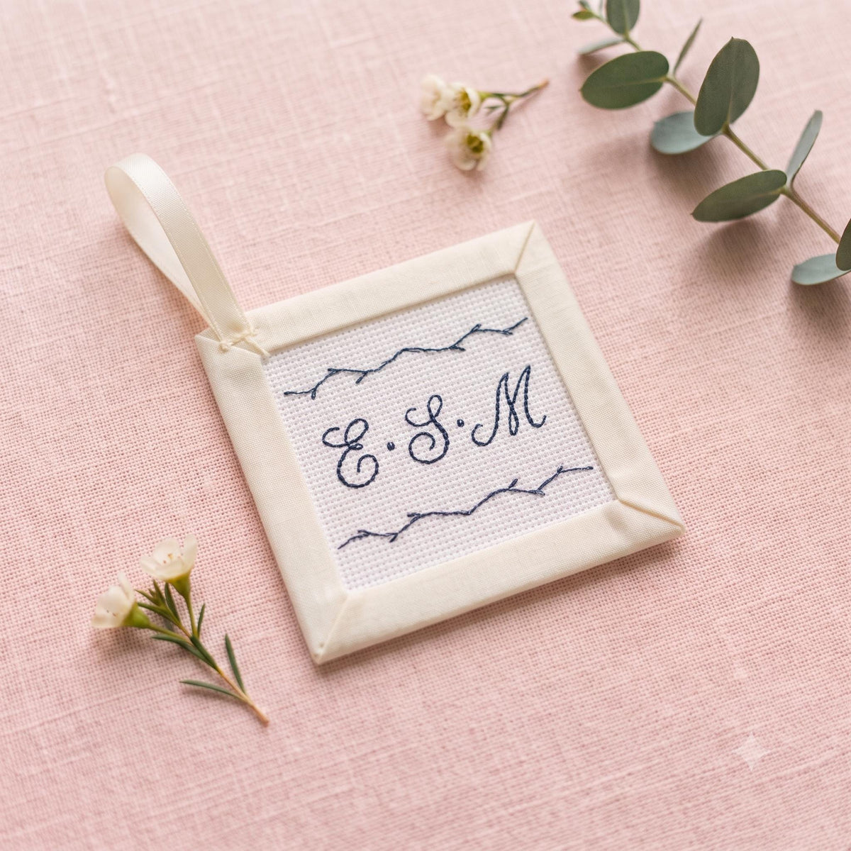 Personalized monogram wedding date bouquet charm needlepoint