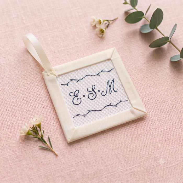 Personalized monogram wedding date bouquet charm needlepoint