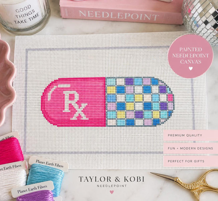 Disco pill needlepoint canvas, pink Rx capsule with checkerboard