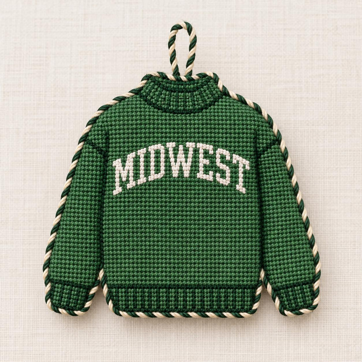 Midwest sweater ornament needlepoint canvas, forest green