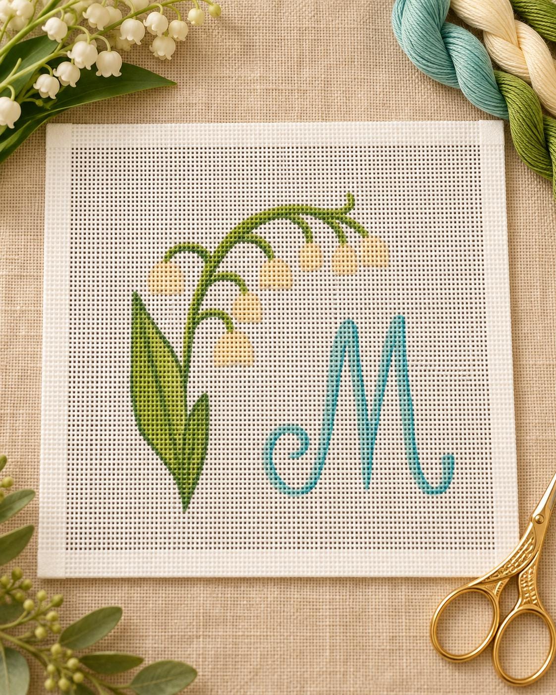 Lily of the valley monogram bouquet charm needlepoint