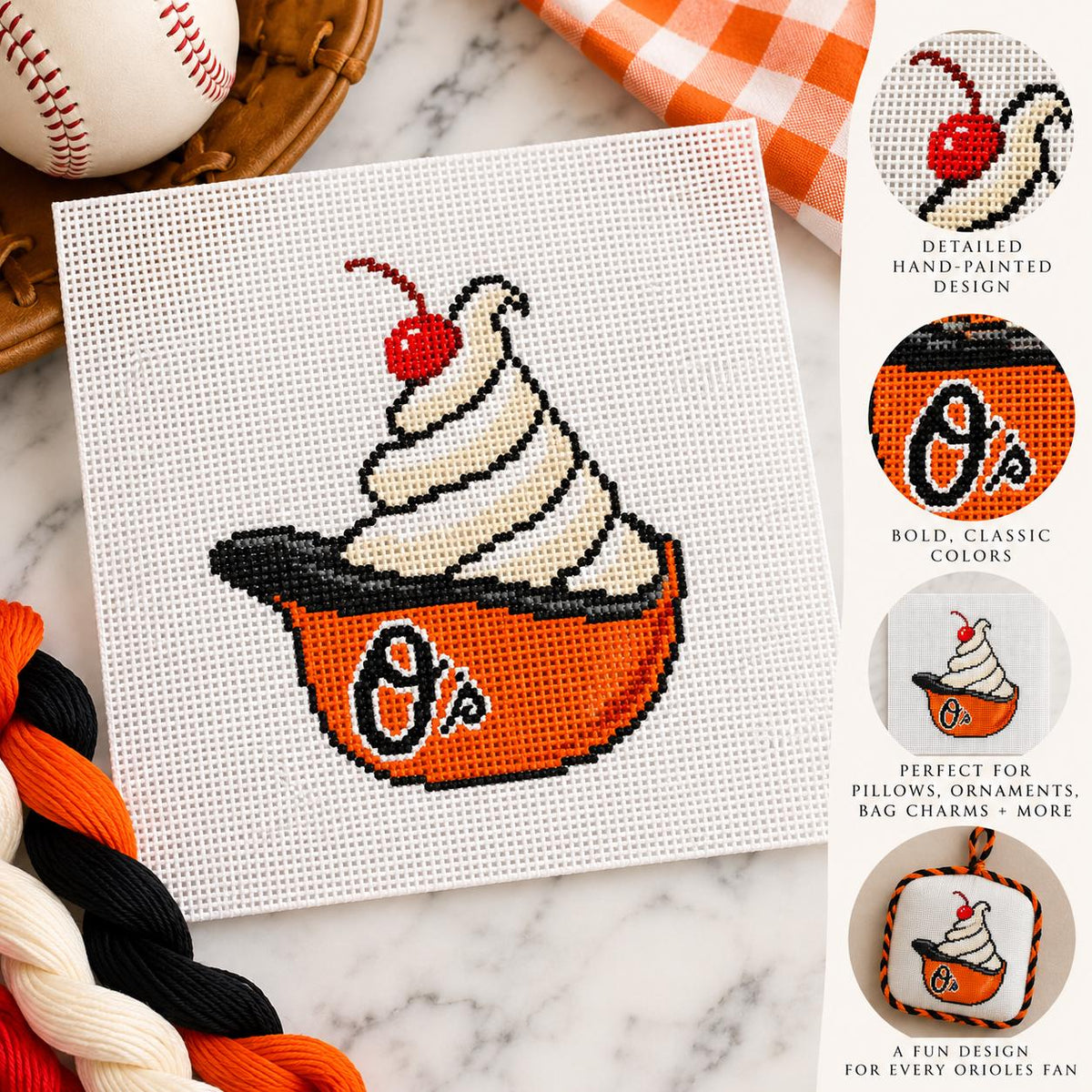 Orioles helmet sundae needlepoint canvas, orange helmet, hand-painted 18ct